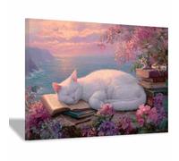 HUYEEI Animal Canvas Wall Art, Cat sleeping on a book, posters & prints, Suitable for Living Room Bathroom Bedroom Home Wall Decoration(white)-80x120cm Framed