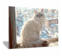 HUYEEI Animals Canvas Print Picture, Cat overlooking the city, wall art prints Suitable Painting Poster Home Office Kitchen Gallery Corridor Bathroom Wall Decor(white)-60x90cm Framed