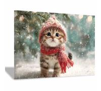 HUYEEI Animals Canvas Print Picture, Christmas Cat, wall art prints Suitable Painting Poster Home Office Kitchen Gallery Corridor Bathroom Wall Decor(brown)-30x50cm Framed