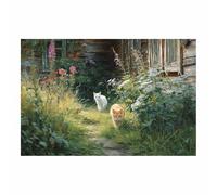 HUYEEI Canvas Print Wall Art, Cat exploring the path, Vintage Animal Poster, Abstract Painting, for living room, Hallway Bedroom office etc Decor(green)-50x70cm Unframed