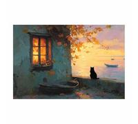 HUYEEI Canvas Print Wall Art, Cat looking at the sea, Vintage Animal Poster, Abstract Painting, for living room, Hallway Bedroom office etc Decor(orange)-20x30cm Unframed