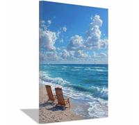 HUYEEI Canvas Wall Art Beach Chairs ons the shore by the waves Coastal Print Painting Seascape Vintage Artwork for Seaside Living Room Bedroom Bathroom Decor(blue)-20x30cm Framed