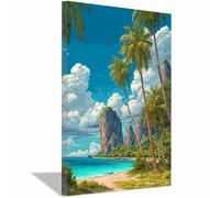 HUYEEI Canvas Wall Art Beach Coconut trees by the cliff Coastal Print Painting Seascape Vintage Artwork for Seaside Living Room Bedroom Bathroom Decor(blue)-70x100cm Framed