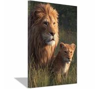 HUYEEI Canvas Wall Art Lions and Cub Picture Wildlife Painting, Animal Canvas Artwork Modern Home for living room, bathroom, etc.(brown32)-60x80cm Framed