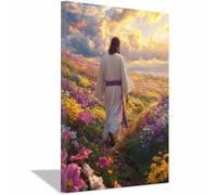 HUYEEI Canvas Wall Art Travelling the flower-lined path Christian Jesus Religious Pictures Painting Decor Modern Artwork Prints Home Decor for Bedroom Living Room(white)-40x60cm Framed
