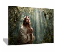 HUYEEI Jesus Canvas Wall Art Praying in thes forests large mural decoration,Catholic home decor for Church Office Living Room Bathroom Inspiration Room(green105)-20x30cm Framed