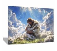 HUYEEI Jesus Canvas Wall Art Print Embracing thes lamb God Posters Catholic Artwork Trendy Living Room Home Bathroom Apartment Office Decor(blue79)-70x100cm Framed