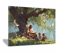 HUYEEI Jesus Canvas Wall Art Print Teaching children to know God Posters Catholic Artwork Trendy Living Room Home Bathroom Apartment Office Decor(green59)-60x80cm Framed