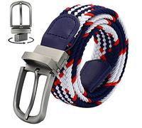 Huyfhksd Multicolored Braided Stretch Belt Reversible Elastic Woven Belts for Men and Women, Both Sides Available, Blue White Red, for Waist Size 36"-39"
