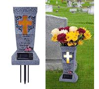 HUYIENO Solar Cemetery Grave Vase with LED for Fresh/Artificial Flowers Headstones Vases with Spikes Gravestone Decor Memorial Gifts for Loss of Loved One