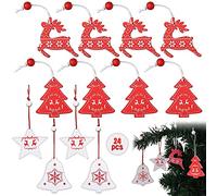 HUYIWEI Wooden Christmas Pendants, Pack of 24, Red & White, Christmas Tree, Bells, Elk, Five-Pointed Star, Hanging Ornaments