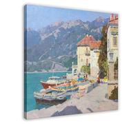 HUYNHTY Boats at The Pier, Mediterranean Ancient City Canvas Poster Wall Art Decor Print Picture Paintings for Living Room Bedroom Decoration 12x12inch(30x30cm)