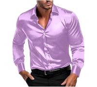 HUYTERTDR Mens Silk Satin Oxford Shirt Button Down Long Sleeve Office Work Business Formal Regular Fit Dress Shirts Shiny Luxury Party Prom Tops Trendy Blouse Watermelon Red