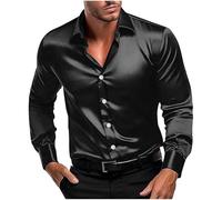 HUYTERTDR Mens Silk Satin Oxford Shirt Button Down Long Sleeve Office Work Business Formal Regular Fit Dress Shirts Shiny Luxury Party Prom Tops Trendy Blouse Black