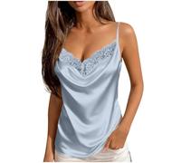 HUYTERTDR Satin Silk Camisole Tops for Women UK Sexy Lace V Neck Cami Shirts Sleeveless Adjustable Spaghetti Strap Tank Tops Solid Silky Shirts Light Blue
