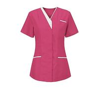 HUYTERTDR Scrubs for Women Sale Clearance V Neck Button Short Sleeve Healthcare Beauty Tunic Hospital Doctor Nurse Scrub Uniform Shirts Workwear Nursing Tops Hot Pink