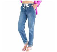 HUYTERTDR Women's Casual Denim Pants Elasticated Waist Lace Up Trouser Ladies Trendy Wide Leg Pull On Jeans with Pockets Loose Fit Stretch Trousers Office Work Wear