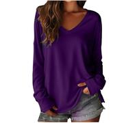 HUYTERTDR Women's T-Shirts Plain Long Sleeve V-Neck Tunic Tops Casual Lightweight Womens T Shirts Soft Pullover Ladies Oversized Tshirt Basic Jumpers Baggy Tees Purple