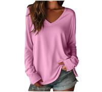 HUYTERTDR Women's T-Shirts Plain Long Sleeve V-Neck Tunic Tops Casual Lightweight Womens T Shirts Soft Pullover Ladies Oversized Tshirt Basic Jumpers Baggy Tees Pink