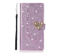 Huzhide for Samsung Galaxy A16 5G / A16 4G Case, for Samsung A16 Wallet Case Glitter Diamonds Love Heart Gems Leather Flip Phone Cover with Stand Card Slots Magnetic Shockproof Case Bumper, Purple