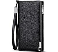 Huztencor Long Wallets for Men Leather RFID Blocking Wallet Bifold Slim Credit Card Holder Zipper Clutch Purse with Wrist Strap Black