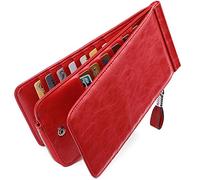Huztencor Women's Credit Card Holder Wallet RFID Blocking Purse Designer Leather Ladies Slim Multi Card Wallet Holder Case Sleeve with ID Window Oil Red