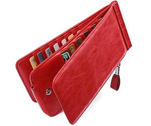 Huztencor Women's Credit Card Holder Wallet RFID Blocking Purse Designer Leather Ladies Slim Multi Card Wallet Holder Case Sleeve with ID Window Oil Red