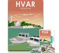 Hvar Croatia Travel Poster 1000 Piece Jigsaw Puzzles for Teenagers,Stress Reliever Staycation Kill Time with Matching Poster And Trivia Sheet 38x26cm