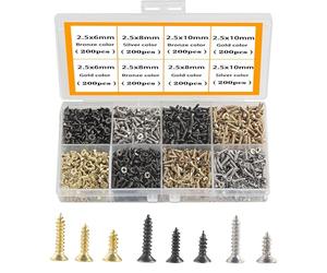 HVDHYY 1600pcs Small Screws M2.5 Small Hinge Antique Self Tapping Screw Multi-Purpose Wood Screw DIY Miniature Screws Set Silver Golden Black