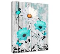 HVEST Farmhouse Turquoise Floral Canvas Wall Art Teal Blue and White Daisy Butterfly on Grey Wood Framed Wall Art Nature Flower Pictures Wall Decor for Living Room Bathroom Bedroom,16L X 12W Inches