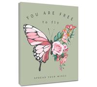 HVEST Pink Butterfly Wall Art Decor Pink and Green Butterfly Pictures Bathroom Wall Decor, Floral Leaves Wall Art for Living Room Bedroom Home Office, 16L x 12W Inches