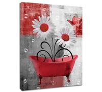 HVEST Red Floral Abstract Geometric Canvas Wall Art for Bathroom Farmhouse Daisy and Butterfly Paintings Wall Decor Floral Plant Wall Art for Living Room Bedroom Decor Ready to Hang,16L X 12W inches