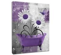 HVEST Retro Floral Purple Wall Art for Living Room Farmhouse Daisy and Butterfly on Abstract Geometric Canvas Wall Art Modern Nature Flower Pictures Wall Decor for Bedroom Bathroom,10L X 8W inches