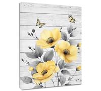 HVEST Rustic Yellow Floral Wall Art for Bathroom, Yellow and Gray Flower Butterfly on Rustic Wood Canvas Wall Art Country Wildflower pictures for Living Room Bedroom Wall Decor,20L X 16W inches