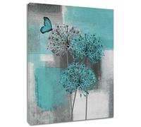 HVEST Teal Floral Butterfly Canvas Wall Art Turquoise Black and White Modern Abstract Geometric Bathroom Wall Decor, Dandelion Wall Art for Living Room Bedroom Kitchen Office, 16L x 12W Inches