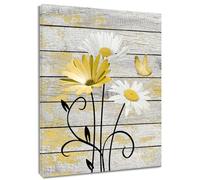 HVEST Vintage Floral Yellow Canvas Wall Art Daisy and Butterfly on Farmhouse Wooden Wall Decor for Bedroom, Country Wildflower Framed Wall Art for Living Room Office Dorm Home Decor,20L X 16W inches