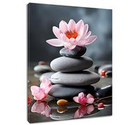 HVEST Zen Pink Floral Canvas Wall Art Water Lily and Zen Stone Wall Art Modern Spiritual Yoga Spa Picture Wall Decor Framed Wall Art for Bathroom Bedroom Office Wall Decor Painting,16L X 12W inches