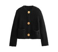 Hvewarm Womens Fall Chunky Knit Cardigan Gold Button Down Long Sleeve Crop Crochet Sweater, Black, Small