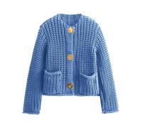 Hvewarm Womens Fall Chunky Knit Cardigan Gold Button Down Long Sleeve Crop Crochet Sweater, Blue, M