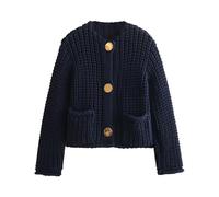 Hvewarm Womens Fall Chunky Knit Cardigan Gold Button Down Long Sleeve Crop Crochet Sweater, Navy, Small