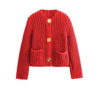 Hvewarm Womens Fall Chunky Knit Cardigan Gold Button Down Long Sleeve Crop Crochet Sweater, Red, M