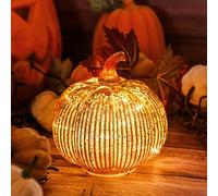 hvfun Mercury Glass light up Pumpkin with Timer- Fall decoration for home-Lamps for festive decoration-Halloween Decorations (gold)