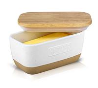 HVH Ceramic Butter Dish with Lid, Airtight Butter Keeper, White, Wooden Lid, Rectangular, 6x3.5x2.7 inches, Farmhouse Style