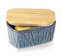 HVH Ceramic Butter Dish with Lid for Countertop, Airtight Butter Keeper with Wooden Lid, Butter Holder for East West Coast Butter, Irregular Striped (Wabi sabi, 6 x 3.5 x 2.7)