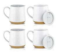 HVH Ceramic Coffee Mug With Lid, 17oz Set of 4, Large Handle Cups for Tea and More, Farmhouse Style (White)
