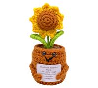 HVIHWI Handmade Crochet Flowers, Emotional Support Gift, Small Potted Knitted Desk Decorations Crochet Sunflower Plant Supports Motivational Gift for Weeding Table Shelf Office Ornament (Yellow)