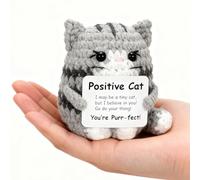 HVIHWI Positive Crochet Animals, Emotional Support Gift, Handmade Crochet Cat with Inspirational Card for Encouragement Stress Relief, Gift for Women, Cute Home Office Desk Decor, Grey