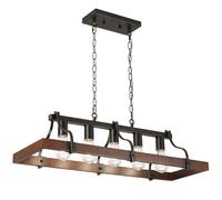 HvKvHvY 5-Light Pendant Ceiling Lighting Metal Chandelier Linear Rustic Farmhouse Fixture E27 Base for Kitchen Island Dining Room Restaurant Pendant Lamp, Wood