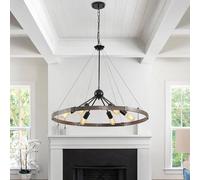 HvKvHvY 80cm Black Wagon Wheel Chandelier, 6-Light E27 Vintage Farmhouse