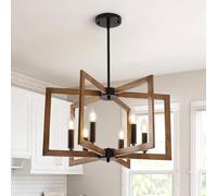 HvKvHvY Vintage Chandeliers Ceiling Light,E14 Geometric Farmhouse Pendant Light 6 Light Industrial Metal Ceiling Lights Living Room for Kitchen Island Hallway Dining Room Entryway (Black,Wood)